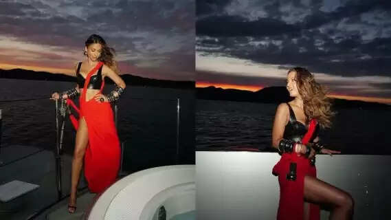 Natasha Poonawalla Stuns in Quirky Red Saree with Black Leather Blouse at Bezos Pre-Wedding Gala